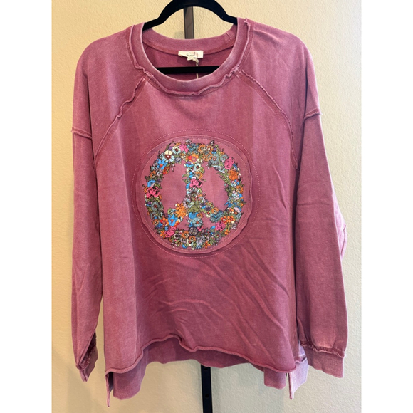 Easel Oversized Peace & Petals Washed Terry Peace Sign Pullover Top in Red Bean - Picture 2 of 9